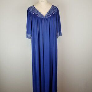 Vintage 1950's Navy Blue w/ Pink Rosebuds 2 pc Peignoir Set by Shadowline 2X